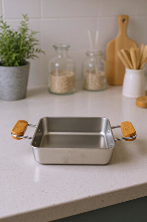 Bambum Cesta - Bambu Kulplu Çelik Sunum Tavası Kare Orta