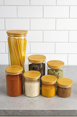 Bambum Sona - 7 Parça Bambu Kapaklı Cam Saklama Kabı