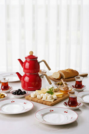 Sultan - Bambu Kulplu Çaydanlık Takımı Kırmızı