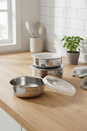 Bernardo Stelo 3'lü Çelik Saklama Kabı ( 16-18-20 cm ) 6 Parça