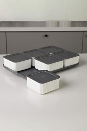 Atbyhome Valverdi - 6'lı 13 Parça Plastik Kahvaltılık Kahvaltı Seti Sunum Seti Gri Tepsili