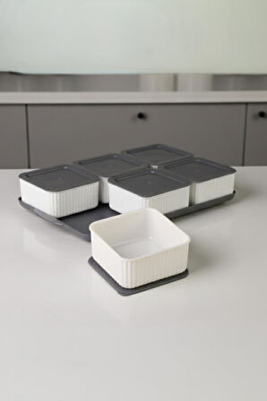 Atbyhome Valverdi - 6'lı 13 Parça Plastik Kahvaltılık Kahvaltı Seti Sunum Seti Gri Tepsili