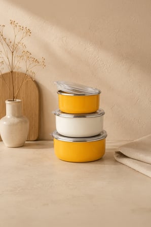 Bambum Lumino 3 lü Emaye Saklama Kabı Hardal B7692 300+700+1000ML