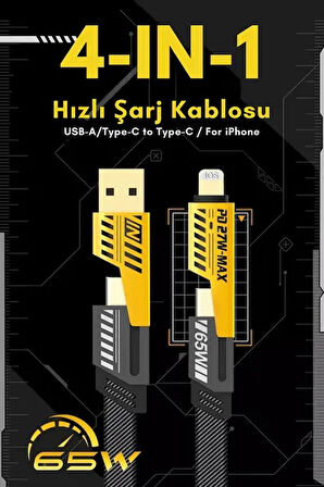 4 in 1 USB+C Type C to Lightning Şarj Kablosu, Metal Başlık Sağlam Kopmaz Kablo 100 W PD Hızlı Şarj IOS TypeC USB iPhone