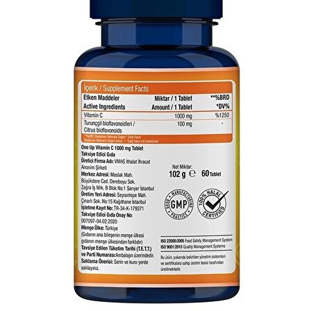 One Up C Vitamini 1000 Mg 60 Tablet - AROMASIZ