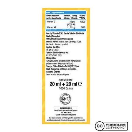 One Up D3 + K2 Vitamini 2 x 20 mL Damla