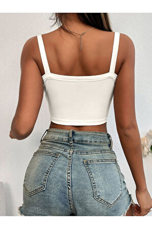 Beyaz Renk U Yaka Düz Desensiz Likralı Kalın Askılı Fitilli Kaşkorse Crop Top Bluz