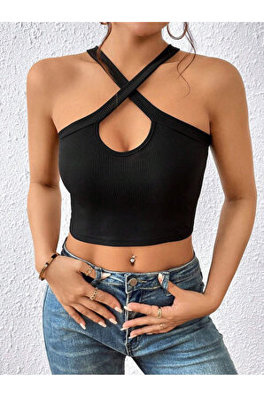 Siyah Renk Degaje Yaka Düz Desensiz Çarpaz Askılı Likralı Fitilli Kaşkorse Crop Top Bluz