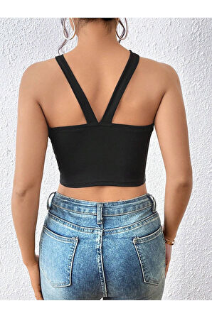 Siyah Renk Degaje Yaka Düz Desensiz Çarpaz Askılı Likralı Fitilli Kaşkorse Crop Top Bluz