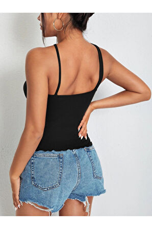 Siyah Renk Asimetrik Yaka Düz Desensiz İnce Çarpaz Askılı Likralı Fitilli Kaşkorse Crop Top Bluz