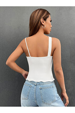 Beyaz Renk Asimetrik Yaka Düz Desensiz İnce Çarpaz Askılı Likralı Fitilli Kaşkorse Crop Top Bluz