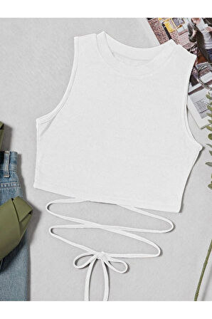 Beyaz Renk Bisiklet Yaka Düz Desensiz Likralı İpli Fitilli Kaşkorse Crop Top Bluz