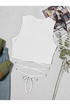 Beyaz Renk Bisiklet Yaka Düz Desensiz Likralı İpli Fitilli Kaşkorse Crop Top Bluz