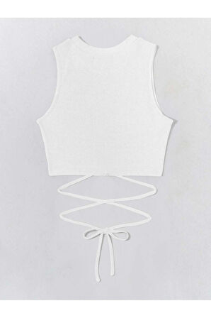 Beyaz Renk Bisiklet Yaka Düz Desensiz Likralı İpli Fitilli Kaşkorse Crop Top Bluz