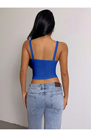 Mavi Renk Kalın Askılı Düz Desensiz Likralı Kaşkorse Fitilli Crop Top Bluz