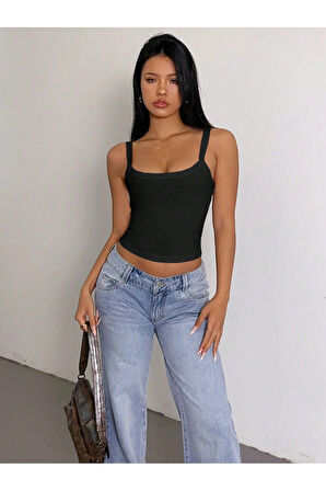 Siyah Renk Kalın Askılı Düz Desensiz Fitilli Likralı Kaşkorse Crop Top Bluz