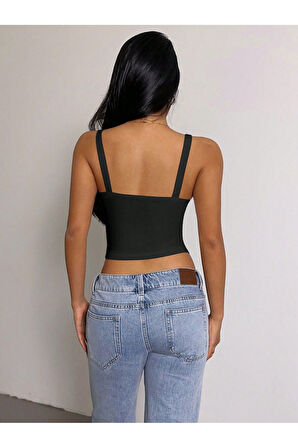 Siyah Renk Kalın Askılı Düz Desensiz Fitilli Likralı Kaşkorse Crop Top Bluz
