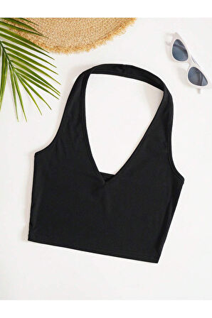 V Yaka Boyundan Askılı Siyah Renk Omzu Sırtı Açık Kolsuz Fitilli Likralı Fit Crop Top Bluz