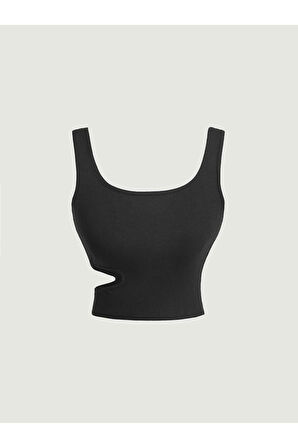 U Yaka Omuz Askılı Asimetrik Kesim Siyah Renk Desensiz Kolsuz Fitilli Likralı Fit Crop Top Bluz