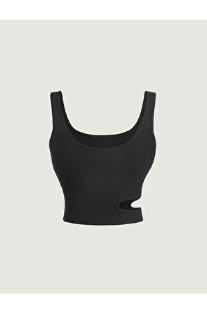 U Yaka Omuz Askılı Asimetrik Kesim Siyah Renk Desensiz Kolsuz Fitilli Likralı Fit Crop Top Bluz