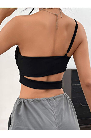 Asimetrik Yaka Siyah Renk Desensiz Çapraz Kesim Fitilli Kısa Kollu Likralı Fit Crop Top Bluz