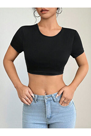 Bisiklet Yaka Siyah Renk Desensiz Sırtı Açık Fitilli Kısa Kol Likralı Fit Crop Top Bluz