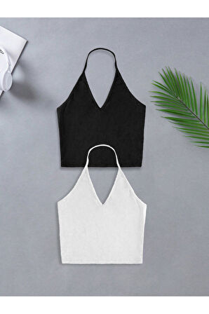 2 Li Paket U Yaka Siyah Beyaz Renk Desensiz Fitilli Kolsuz Askılı Likralı Fit Crop Top Bluz