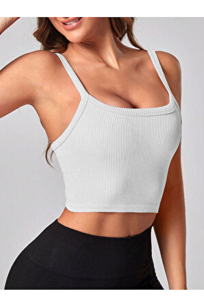 2 Li Paket U Yaka Siyah Beyaz Renk Desensiz Fitilli Kolsuz Askılı Likralı Fit Crop Top Bluz