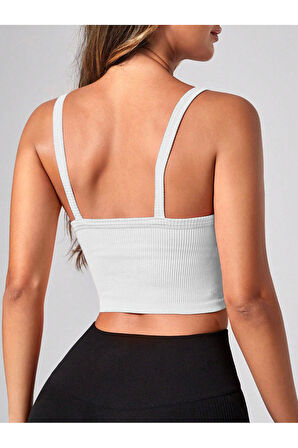 2 Li Paket U Yaka Siyah Beyaz Renk Desensiz Fitilli Kolsuz Askılı Likralı Fit Crop Top Bluz