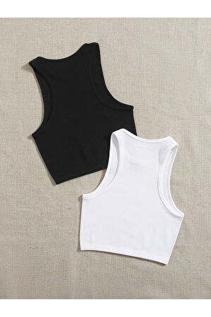 2 Li Paket Bisiklet Yaka Siyah Beyaz Renk Fitilli Kolsuz Fit Crop Top Bluz