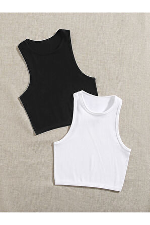 2 Li Paket Bisiklet Yaka Siyah Beyaz Renk Fitilli Kolsuz Fit Crop Top Bluz