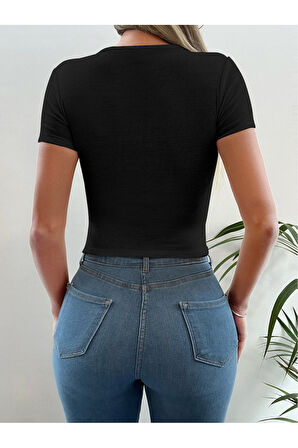 İpli Bisiklet Yaka Siyah Renk Fitilli Kısa Kollu Slim Fit Crop Top Bluz