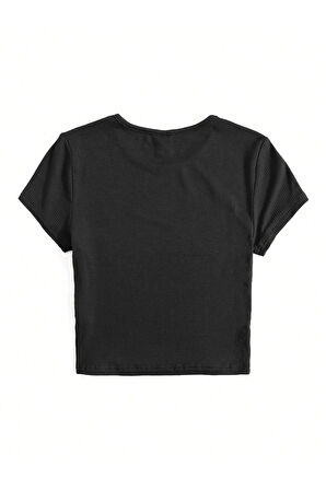Bisiklet Yaka Siyah Renk Fitilli Kısa Kollu Slim Fit Crop Top Bluz