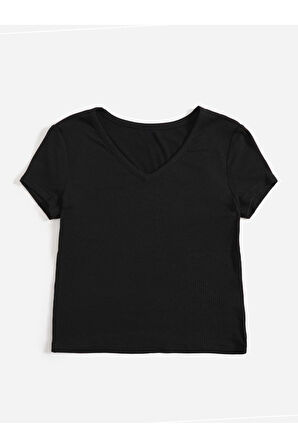 V Yaka Siyah Renk Fitilli Kısa Kollu Slim Fit Crop Top Bluz