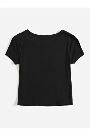 V Yaka Siyah Renk Fitilli Kısa Kollu Slim Fit Crop Top Bluz