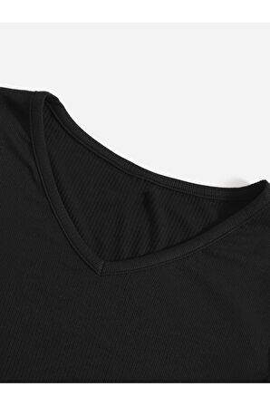 V Yaka Siyah Renk Fitilli Kısa Kollu Slim Fit Crop Top Bluz