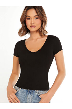 V Yaka Siyah Renk Fitilli Kısa Kollu Slim Fit Crop Top Bluz