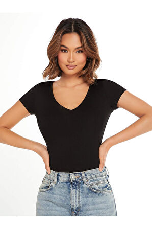V Yaka Siyah Renk Fitilli Kısa Kollu Slim Fit Crop Top Bluz