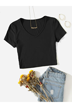V Yaka Siyah Renk Fitilli Kısa Kollu Regular Crop Top Bluz