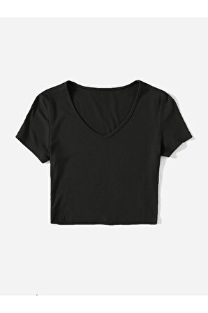 V Yaka Siyah Renk Fitilli Kısa Kollu Regular Crop Top Bluz