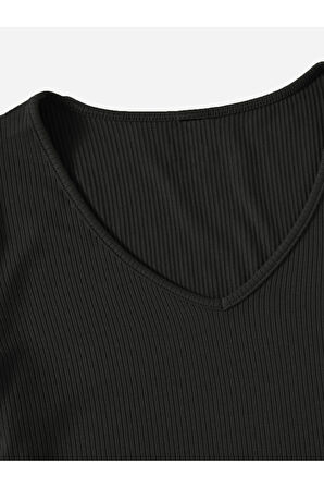 V Yaka Siyah Renk Fitilli Kısa Kollu Regular Crop Top Bluz