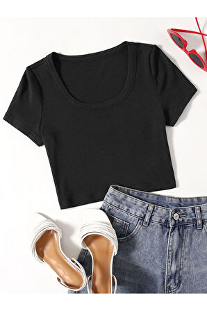 U Yaka Siyah Renk Fitilli Kısa Kollu Regular Crop Top Bluz