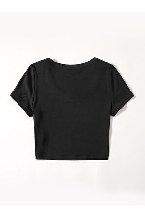 U Yaka Siyah Renk Fitilli Kısa Kollu Regular Crop Top Bluz