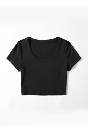 U Yaka Siyah Renk Fitilli Kısa Kollu Regular Crop Top Bluz
