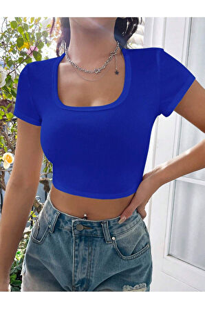 Kare Yaka Mavi Renk Fitilli Kısa Kollu Slim Fit Crop Top Bluz