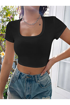 Kare Yaka Siyah Renk Fitilli Kısa Kollu Slim Fit Crop Top Bluz