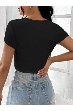 Kare Yaka Siyah Renk Fitilli Kısa Kollu Slim Fit Crop Top Bluz