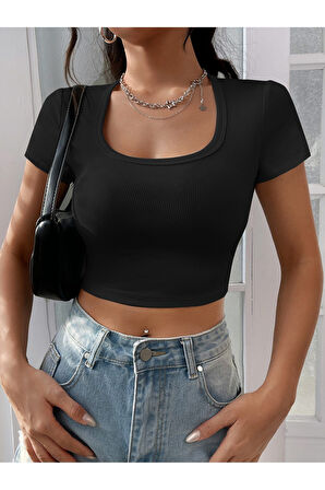 Kare Yaka Siyah Renk Fitilli Kısa Kollu Slim Fit Crop Top Bluz