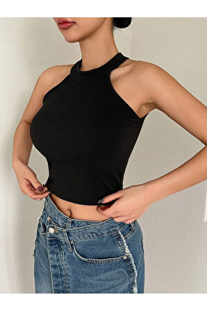 Halter Yaka Siyah Renk Fitilli Crop Top Bluz