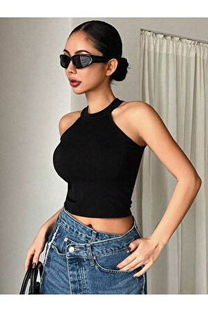 Halter Yaka Siyah Renk Fitilli Crop Top Bluz